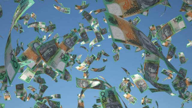 Australian paper currency floats tp the ground, symbolising money being distributed to manage financial needs