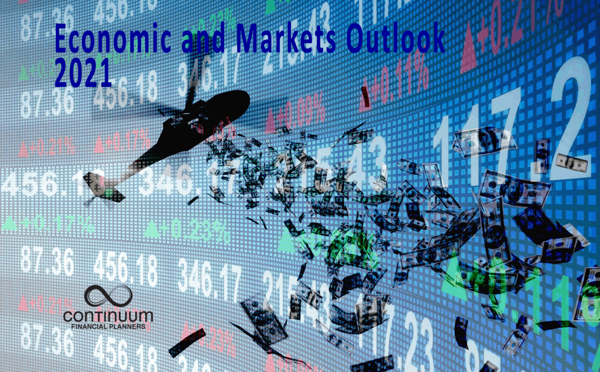 a composite image of a sharemarket prices board showing share prices on the market, overlad with an image of a helicopter dropping free money into the economy, triggering reflection on the economic and markets outlook for 2021
