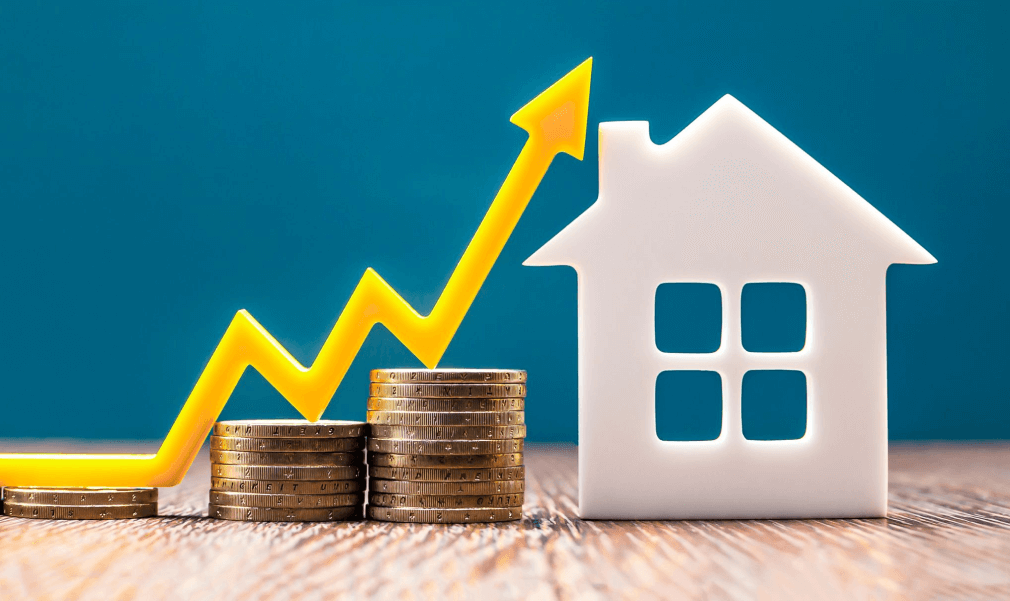 graduated gold coin stacks with a graph showing variable but upward momentum in value against a model house indicating gearing wealth creation and capital gains through residential and other property investment; exemplifying Australians love of property as an asset class for investing