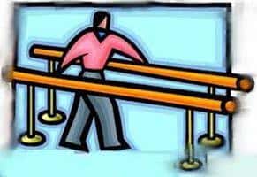 TPD insurance claimant or stroke trauma patient exercising between parallel bars after insurance recovery claim