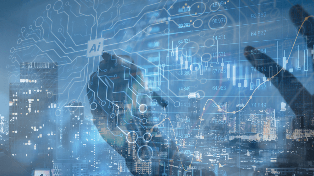 a compilation of two images, light blue colours: one of an electronic graph showing the volatile market value movement of cryptocurrency; the other a hand clutching an electronic marker attending an artificial intelligence (AI) task - depicting investing in market themes