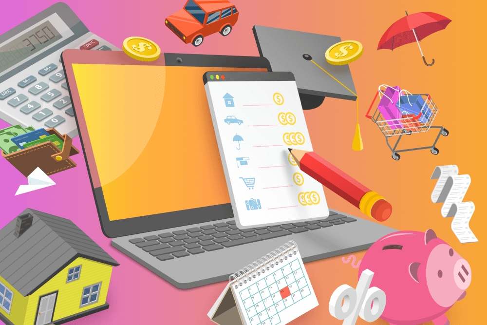 graphic showing chattels and assets goals set for investment, cars, electronic devices, homes, education in the mix - in orange, pink a grey tones. Planning investments using available resources financially; wealth management discipline; and for children's investment strategy development