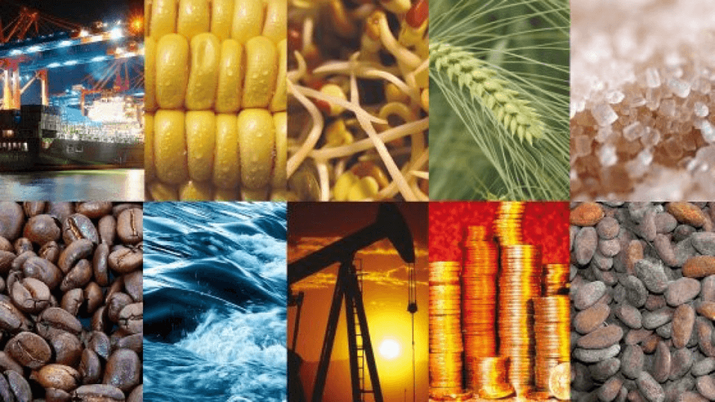 a collage of 2 rows each of 5 commodities and their movement around the market places representing the commodities asset class