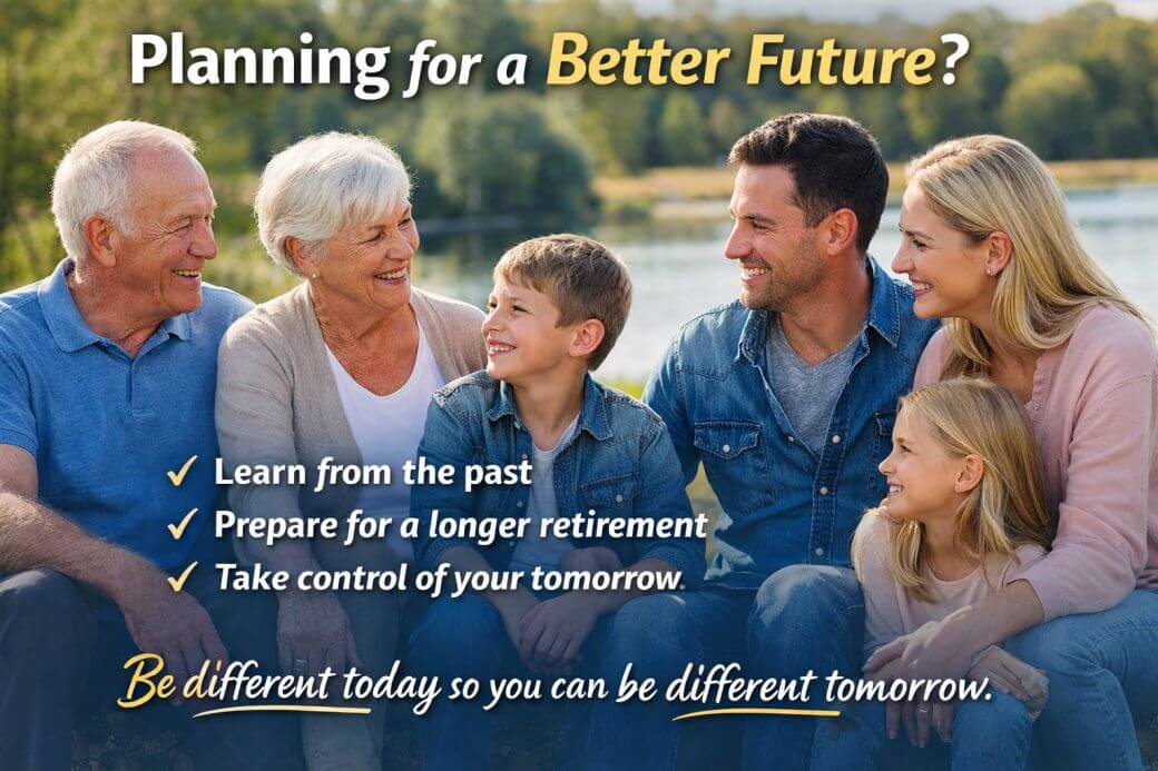 image and text generated by ChatGPT showing three generations of a family, each generation planning for a better future: they are seated together near a lake on a bright day - all are smiling