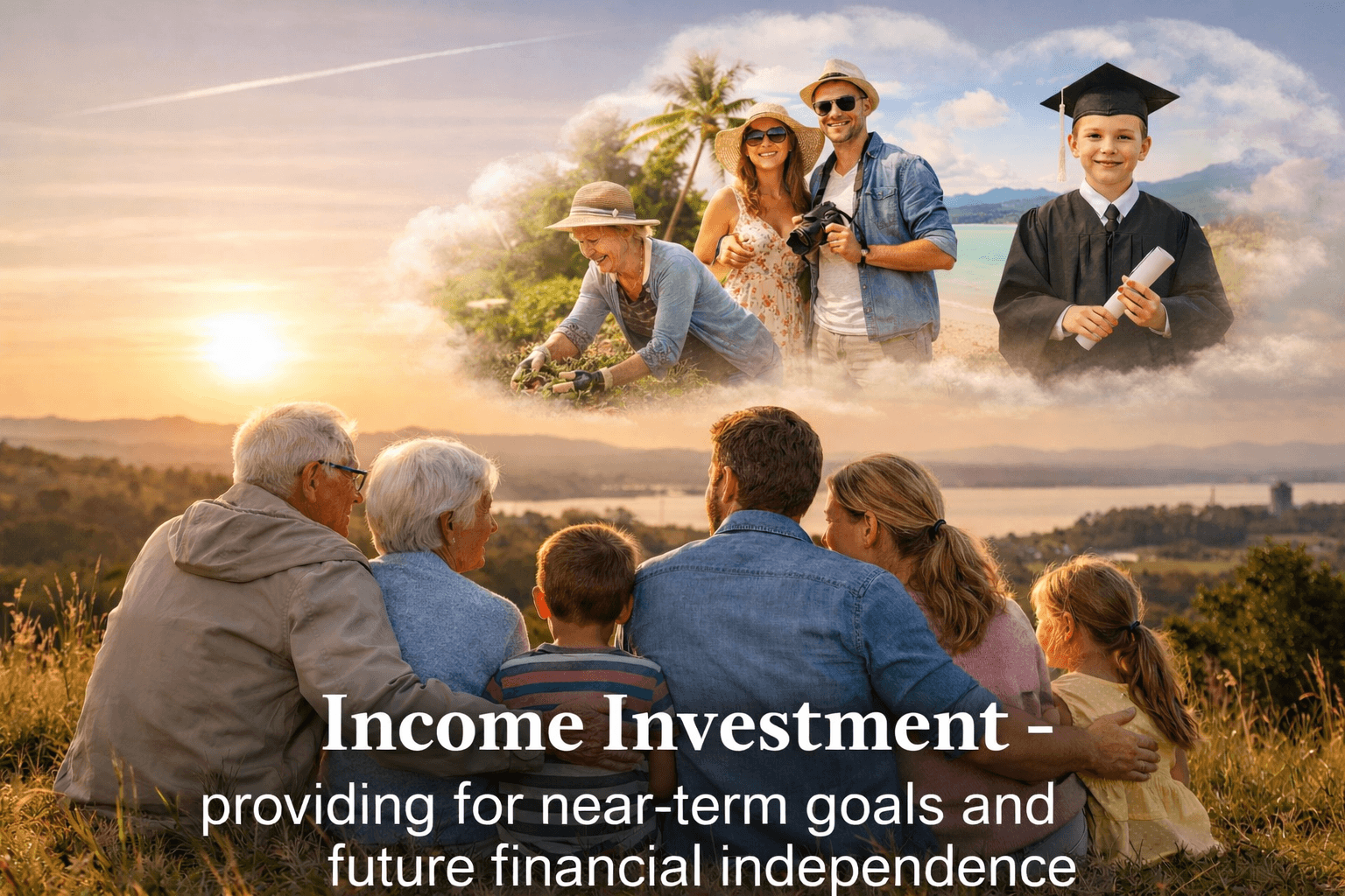 several generations of a family consider their needs and aspirations as they sit together on a hillside looking out over different futures, considering income investing as the financial pathway to success