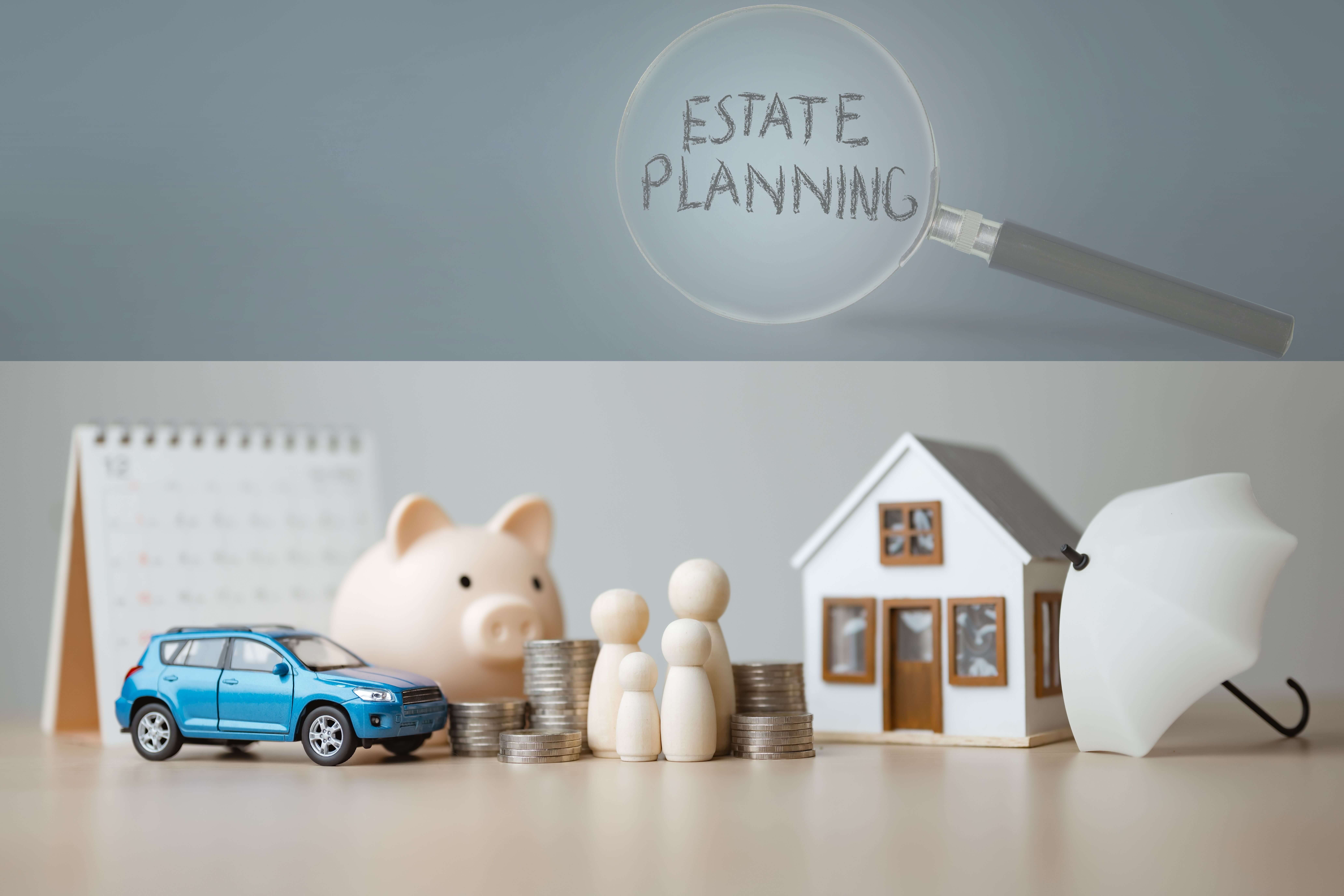 image of a range of assets that might be listed as estate assets, overlayed with a magnifying glass hovering over the words Estate Planning: the assets here include a car, a house, savings, money - the glass signifying that common mistakes in estate palnning are being carefully reviewed