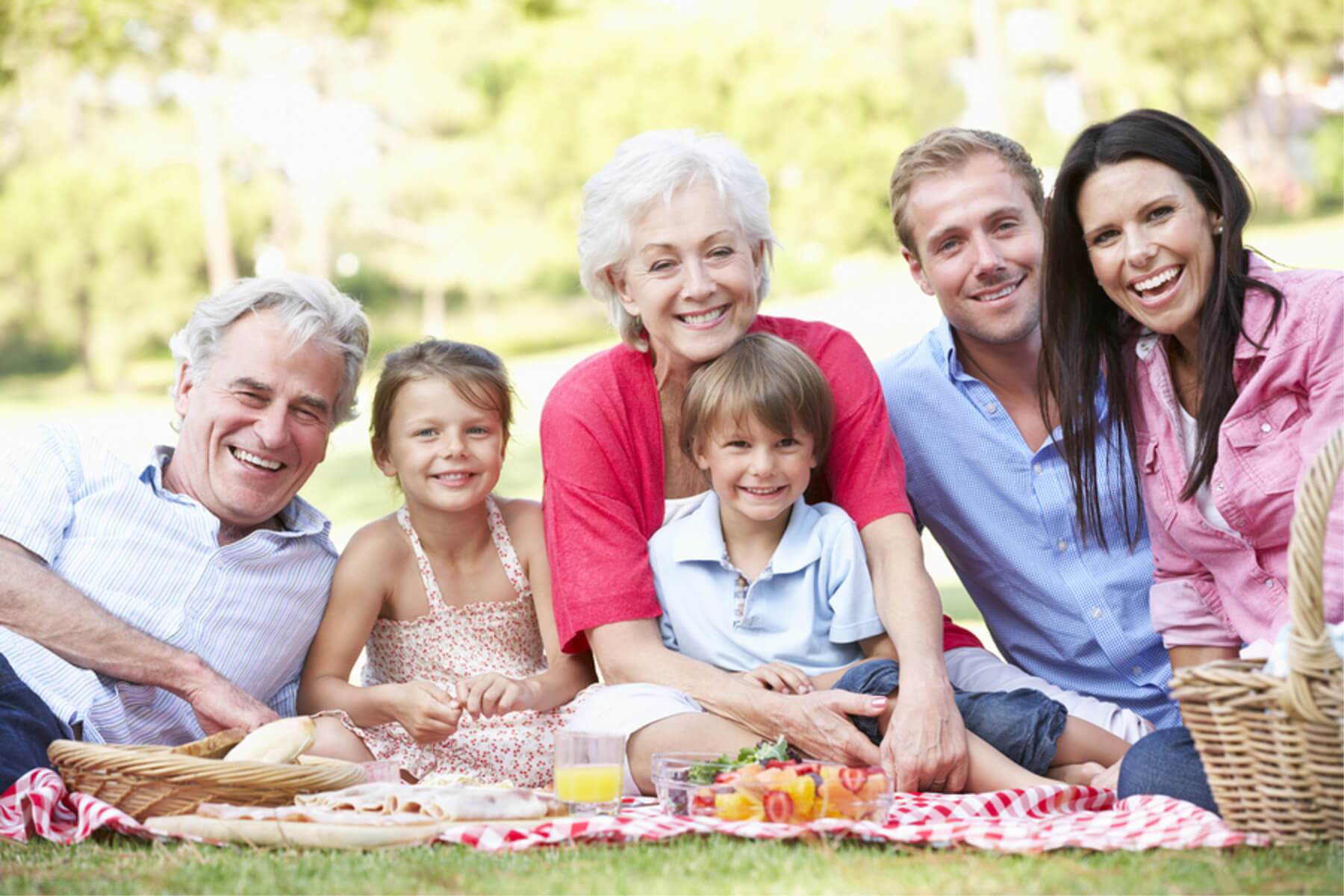four levels of generations in the family relaxing in a park setting with the older generation having resolved - and recorded - how their assets will pass intergenerationally