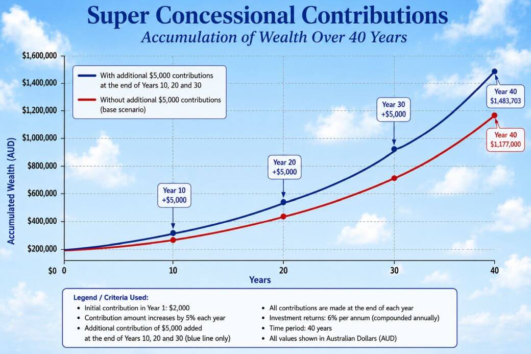 a graph whose X-axis is the number of years and the Y-axis the accumulating value of the compounding investment with a red line showing a base case and a red line showing the base case with some added concessional contributions - the graph has a lightl;y couded blue sky background. This image was created using AI