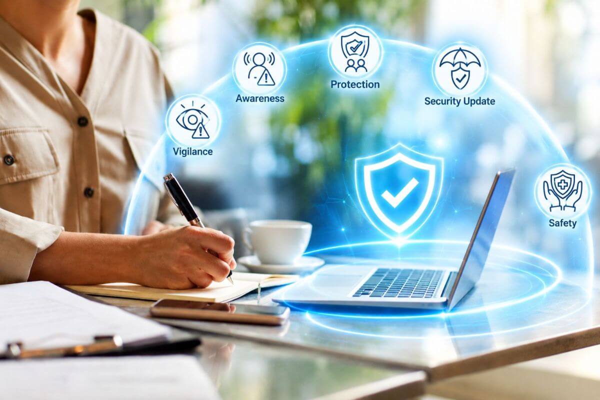 person working online with their mobile phone close at hand, protecting both devices and their data and personal information from cyber and scammer attacks showing cybersecurity awareness protecting wealth, at work