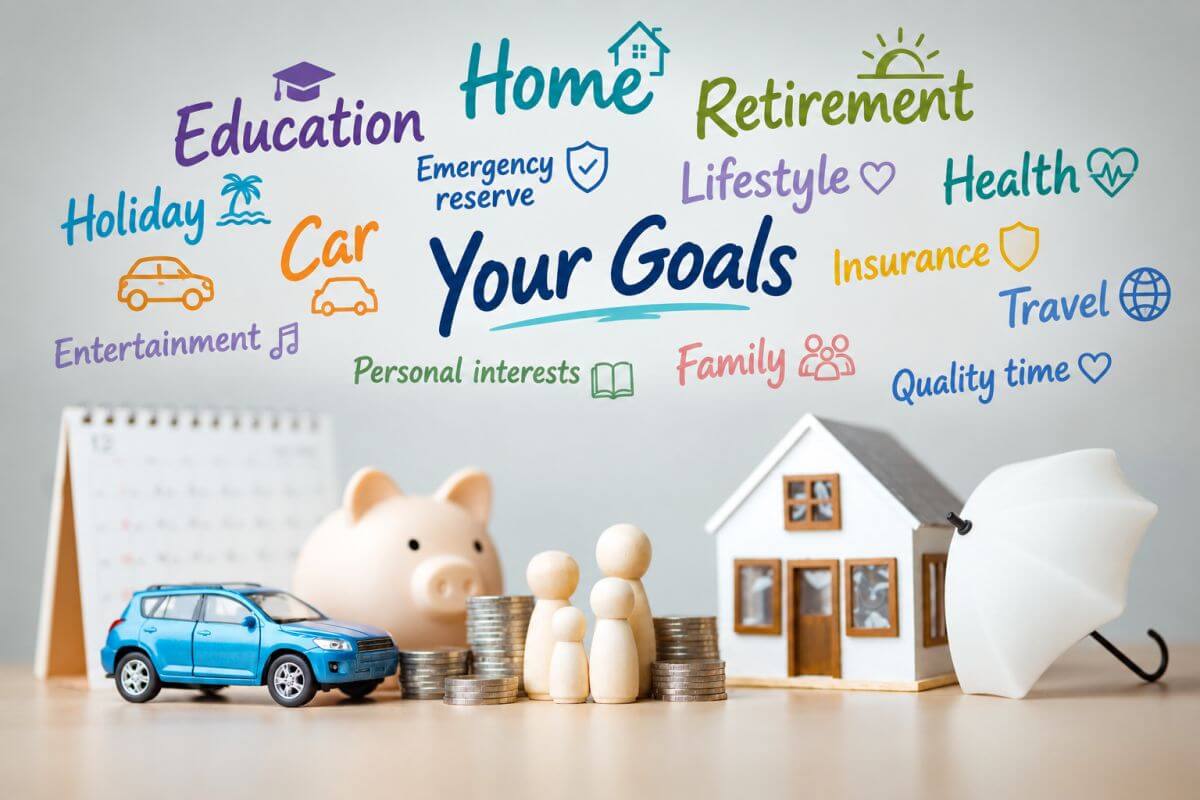 image showing images and words to be considered in the development of a savings plan for wealth creation, ensuring all goals are reviewed – home, education, health, insurance, and recreational activities