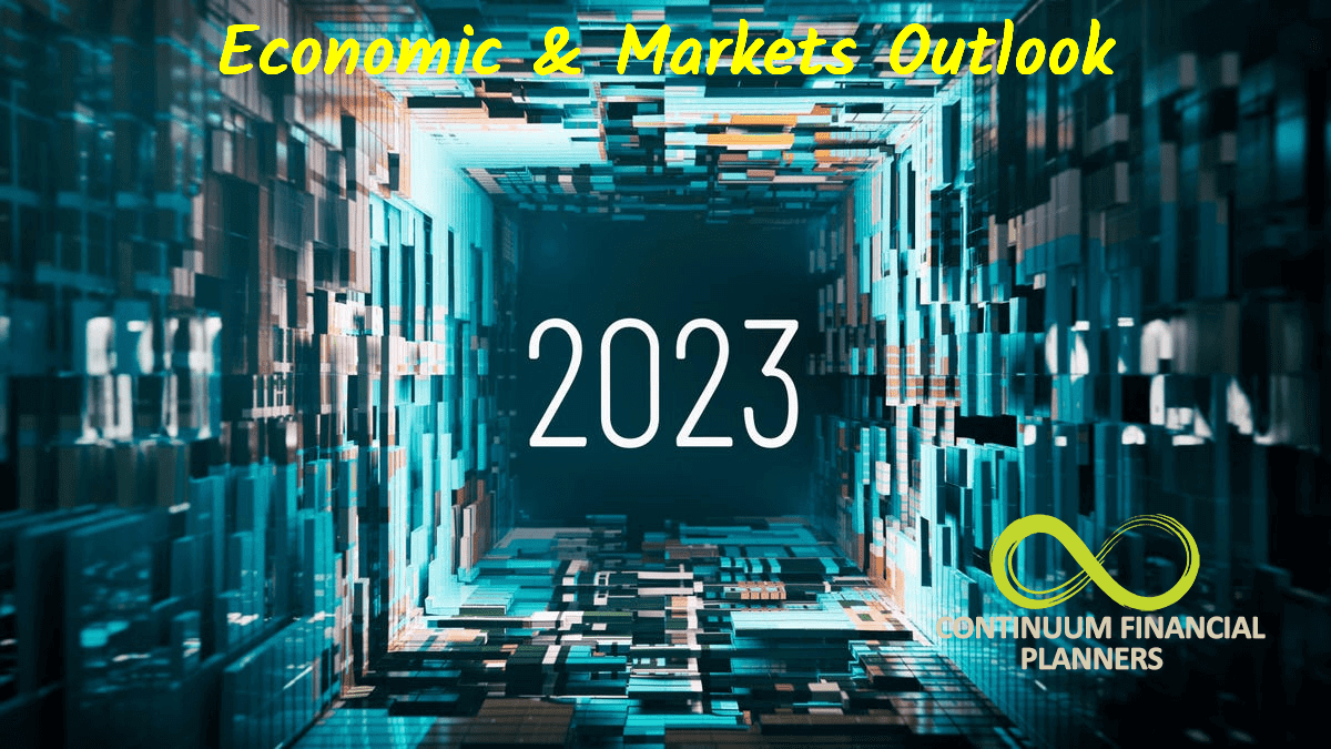 futiuristic image of a tecnology tunnel with the date 2023 in focus, overwritten with the words economic and markets outlook
