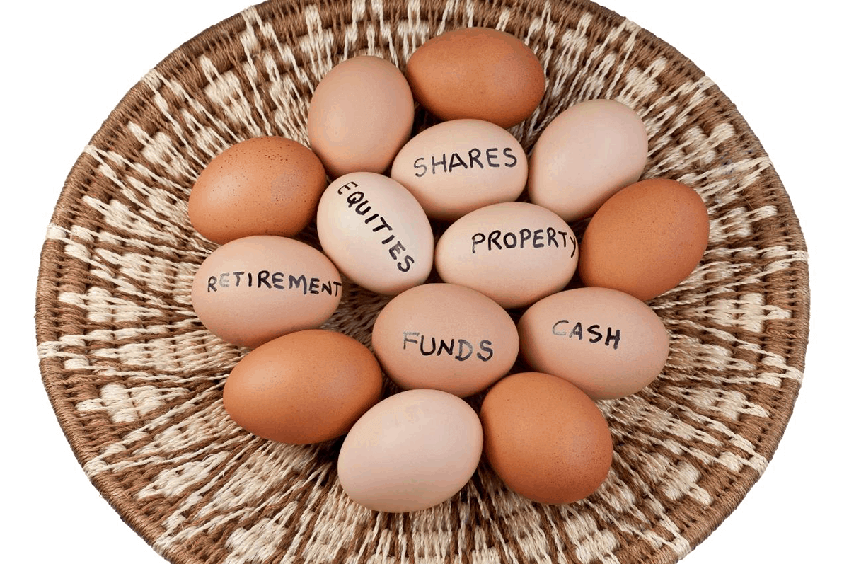 a basket of eggs, each inscribed with an investment asset class to include in a blended, diversified portfolio