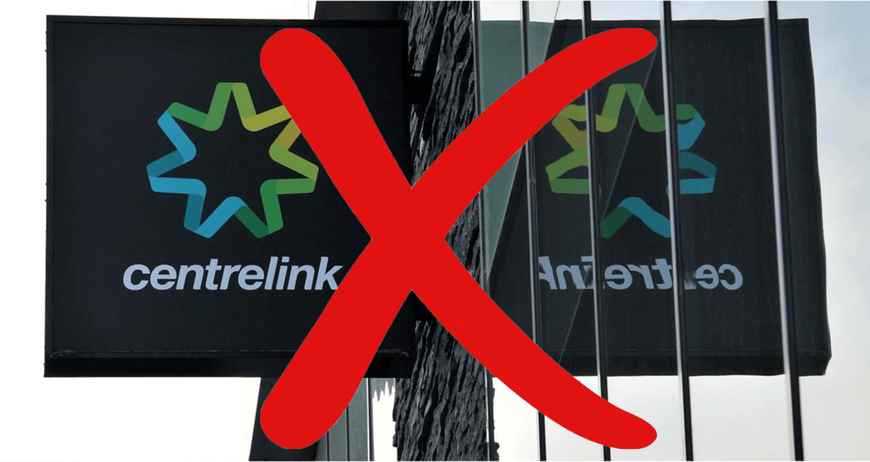 Centrelink branch office street sign is reflected on the window and is over-crossed with a large red X signifying that the income maintenance period excludes benefits for (varying) periods of time