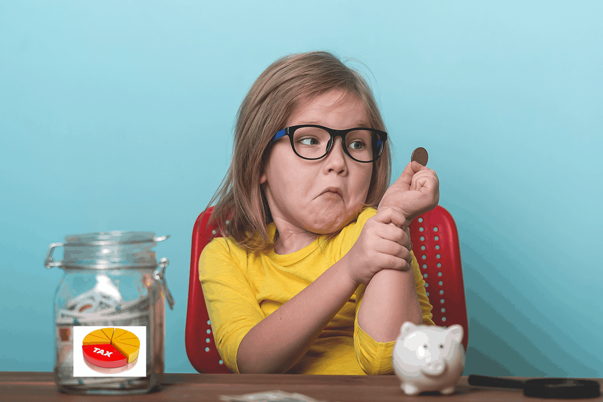 showing a youg, bespectacled girl, wearing a yellow top: she is sitting on a red upholstered chair at a table. On the table are a cookie jar to her right holding some coins, and a white piggy bank to her left. She contemplates setting some money aside for her future needs, funding education etc