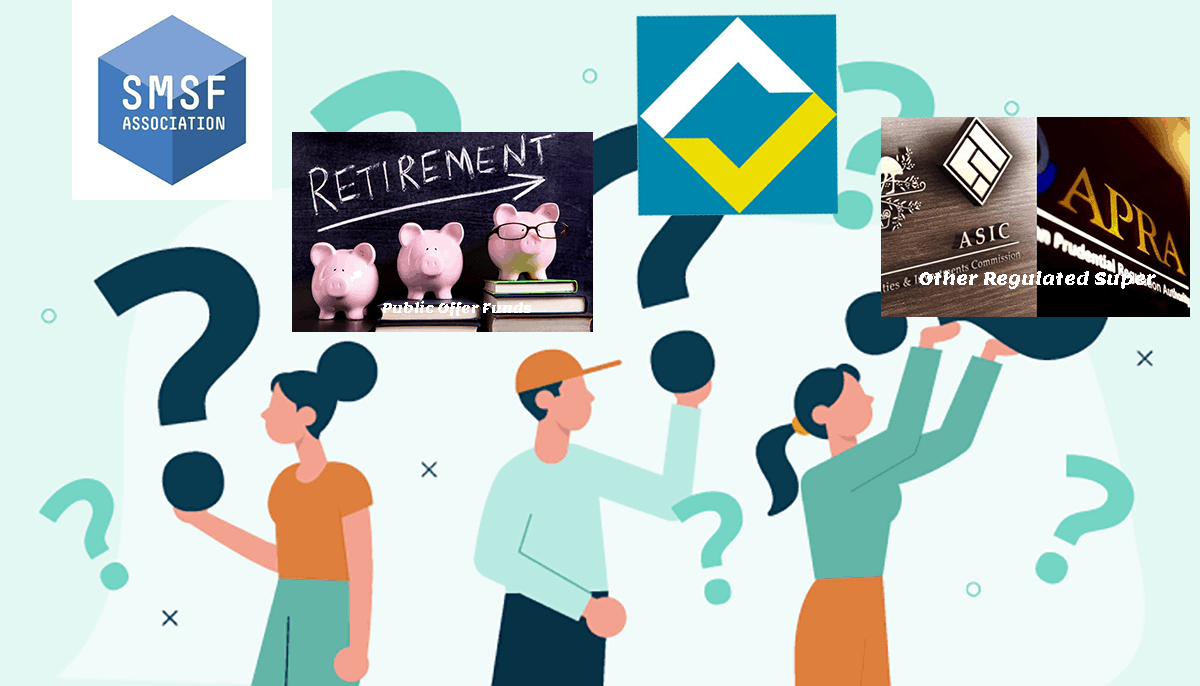 a graphic showing people pondering questions relevant to eventual retirement consideration - one of which is superannuation and their choice of a fund