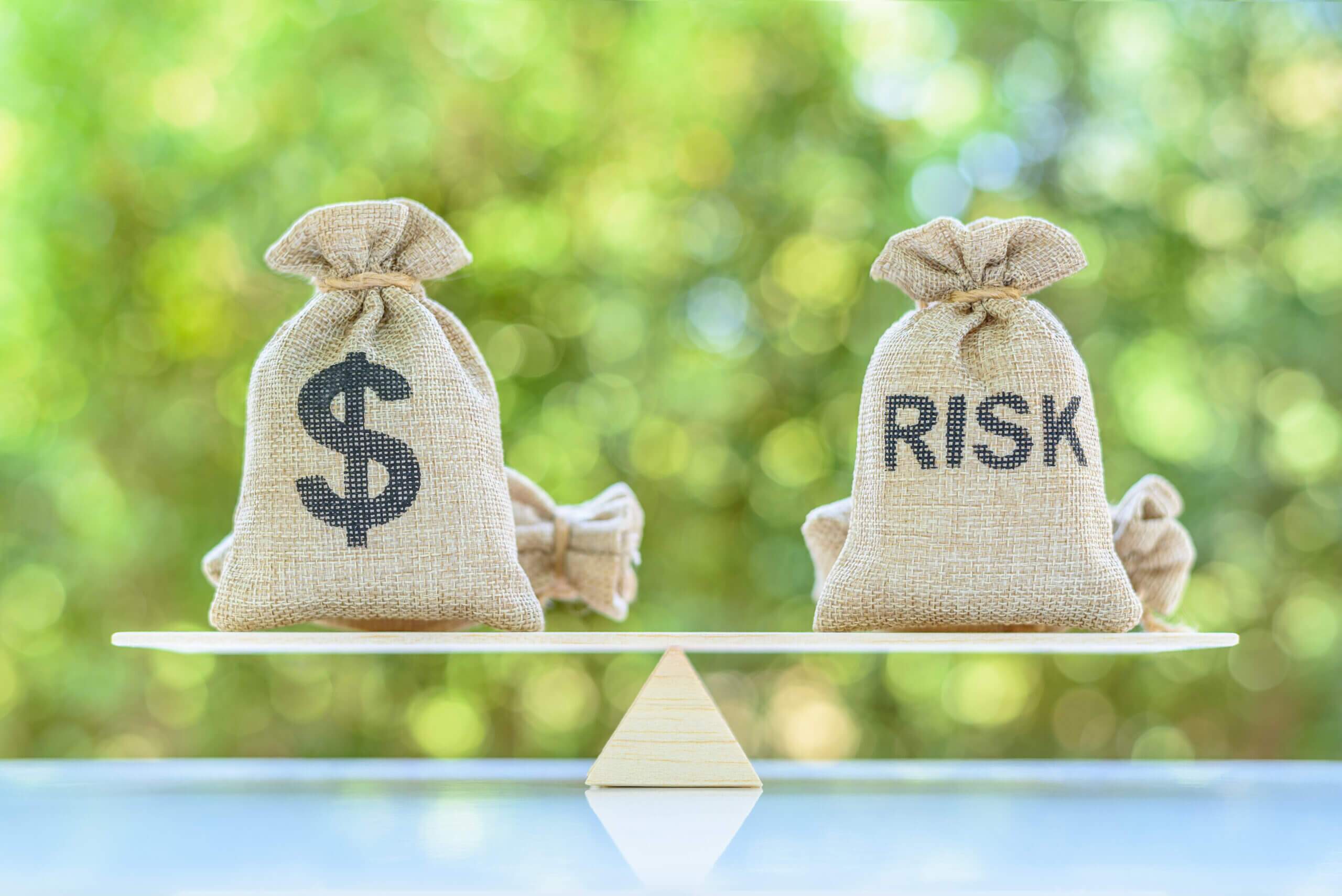 bags at either end of a plank balanced on a fulcrum: the bag on the left displays a dollar sign; that on the right bears the word 'RISK' indicating the tension between investment decisions in different risk scenarios using market outlooks-updates; asset protection strategies