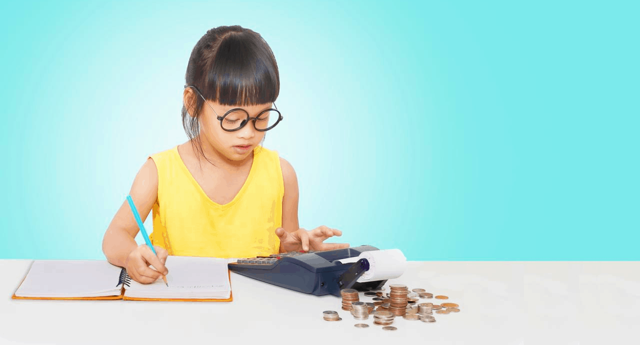studious young girl sitting at a table with a notebook, pencil in hand, and a calculator and some coins learing good financial habits