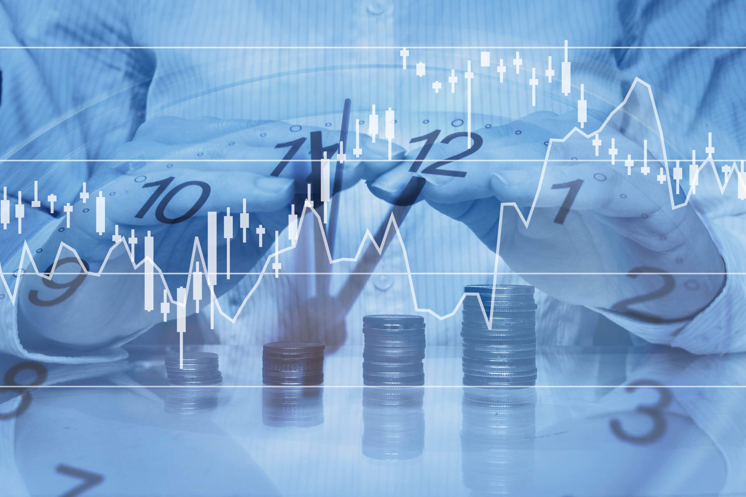 person contemplating the time available and the financial goals to achieve with super in your 40s and 50s as they sit with images of money, charts of performance, and a clock close to a key time