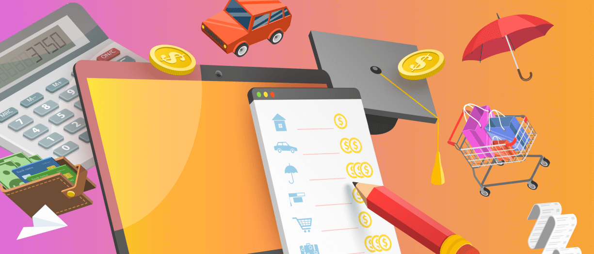 graphic representation of personal chattels to be distributed after the owner passes: colours of yellow, orange and pink predominate showing shopping bags in trolley, computer screen, calculator, and other items - estate planning completeness when these are mentioned in a letter of wishes