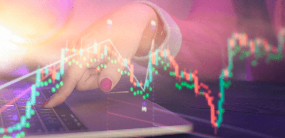 a chart with red and green data points showing market price volatility overlaying an image of a woman's hand at a keyboard ordering asset trades - exercising investment risk and volatility decisions