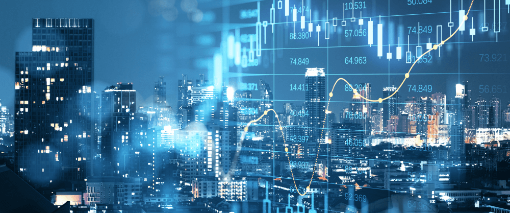a blue-toned graphic showing city lights at night overprinted with a graph of market shareprice volatility and some block and whisker charts - implying market volatility influence