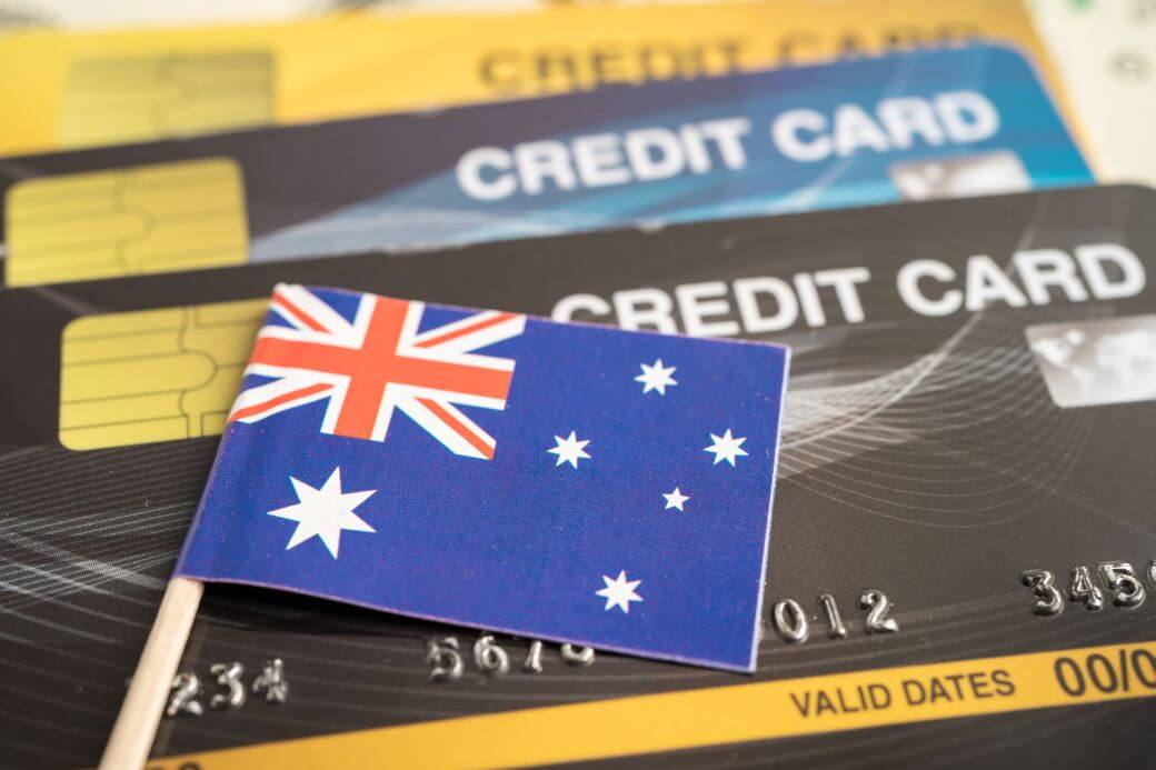 sample selection of credit cards offered in Australia, with a miniature Australian flag