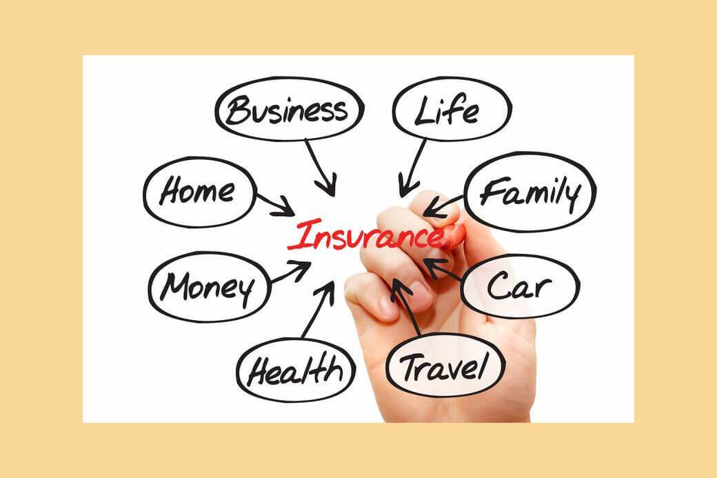 a hand shown writing from behind a transparent panel, the word Insurance in red lettering in the centre of a number of word bubbles with arrows pointing from their inner edge toward the word Insurance: each bubble names a type of insurance, starting at the top with Business, then Life etc - reflecting Business Life Insurance benefits
