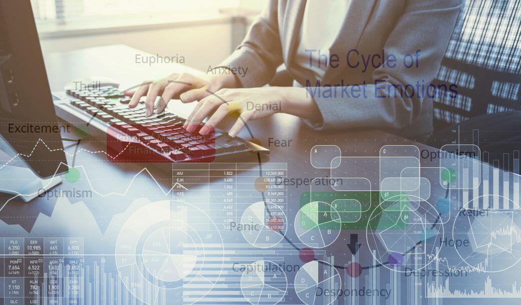 finance professional woman working at desk making investment decisions, typing on keyboard at computer with images of various investment market influences overlaid on and into the image