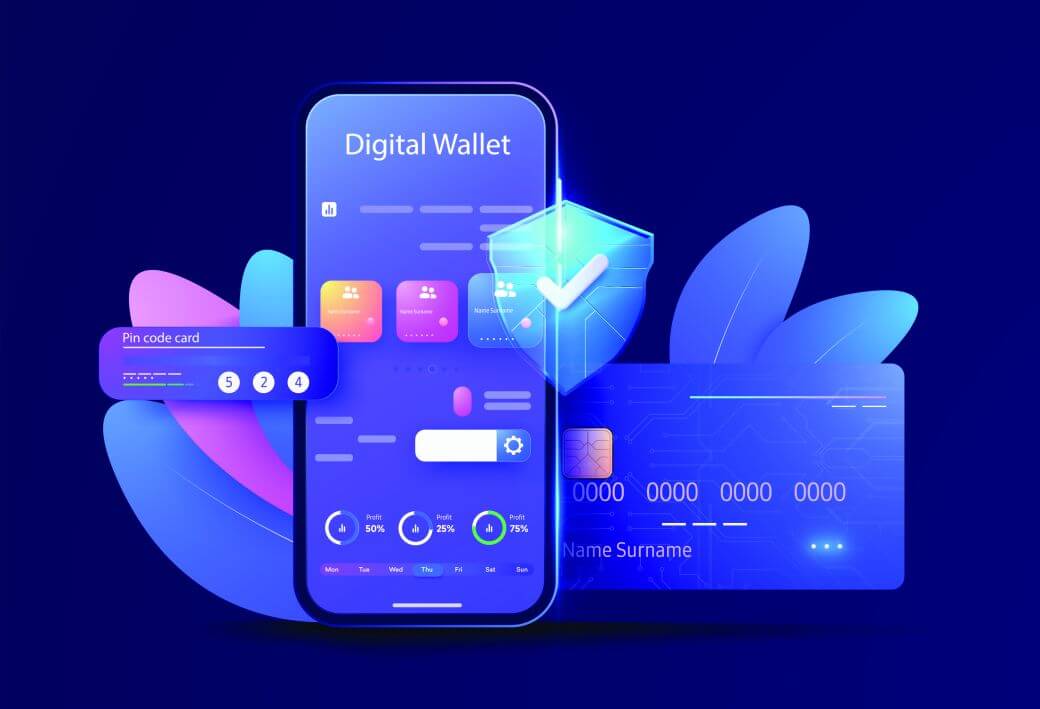 a graphic with several tones of blue with some other colours showing a mobile cell phone, a credit card and some related graphics to reflect digital wallet security