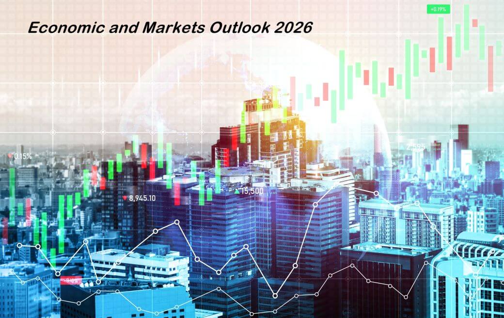 image of financial capital city overlaid with lione graphs and bar charts showing research and analysis for mthe economic and markets outloo for the year ahead