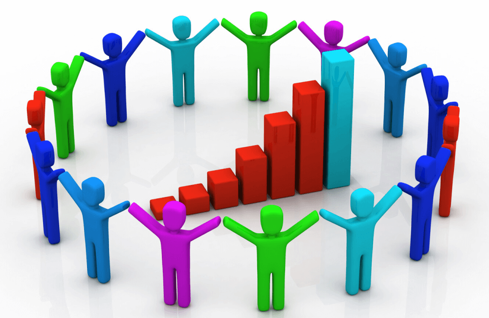 circle of variously coloured stick people surrounding a bar chart representing assets of an estate depicting the imminent intergenerational wealth transfer