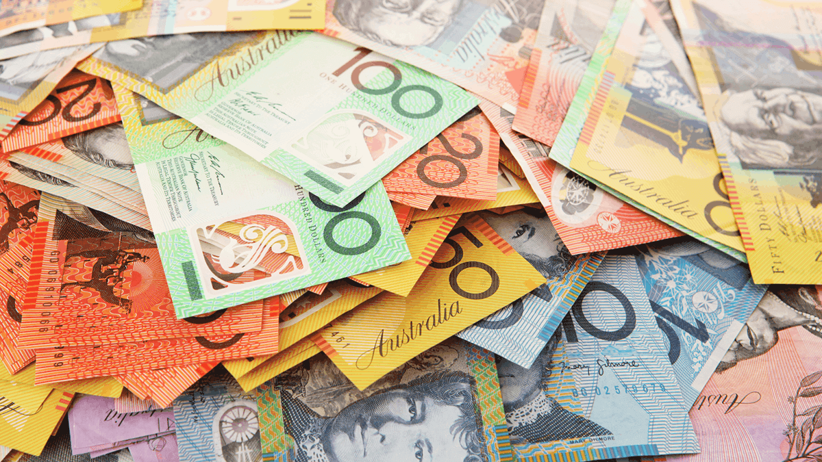 scattering of Australian paper money in denominations of ten, twenty, fifty and hundred dollar, used to show financial benefits of investment of tax refund; optimising super death benefits; mitigating financial risk with insurance, the effects of stimulus pacakage during the GFC; policy benefits paid on claim