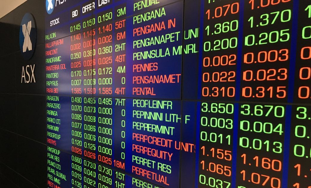 ASX market prices board, a reflectio9n of economic performance in Australia: it shows some companies by name, their price, and the movement in price since the previous close