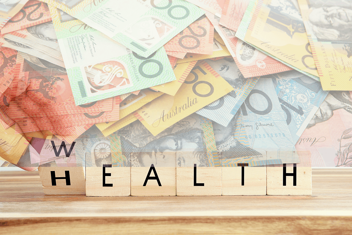 A set of wooden blocks with letters spelling 'health' and 'wealth' depending on which face of the first block is read. It is superimposed over a scattering of Australian currency notes signifying the relationship between wealth and suggesting that it should have protection. We suggest that life insurance is an element of wealth protection.
