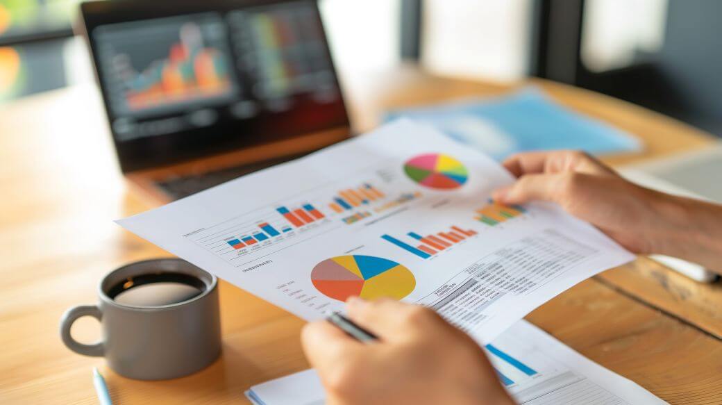 investor sitting at a desk with a laptop screen open and showing multi-coloured charts, a cup of coffee, and a series of coloured sheets of paper with graphs and charts showing how investment portfolio assets have been allocated; an opportunity to evaluate margin lending buffers against asset valuations