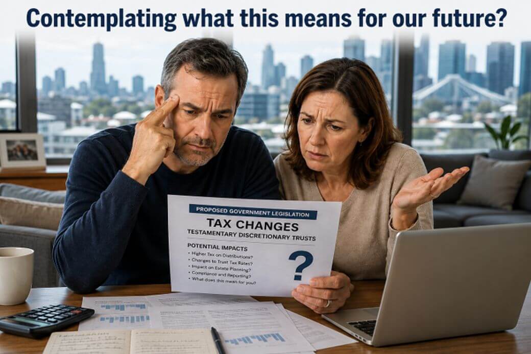 an anxious middle-aged couple contemplatinmg the future of their retirement strategy facing the prospect of changes to discretionary trusts: they are at a table with a laptop, a calculator and some financial reports - with the bold type above them saying Contemplating what this means for our future. Image has been created working with AI tools