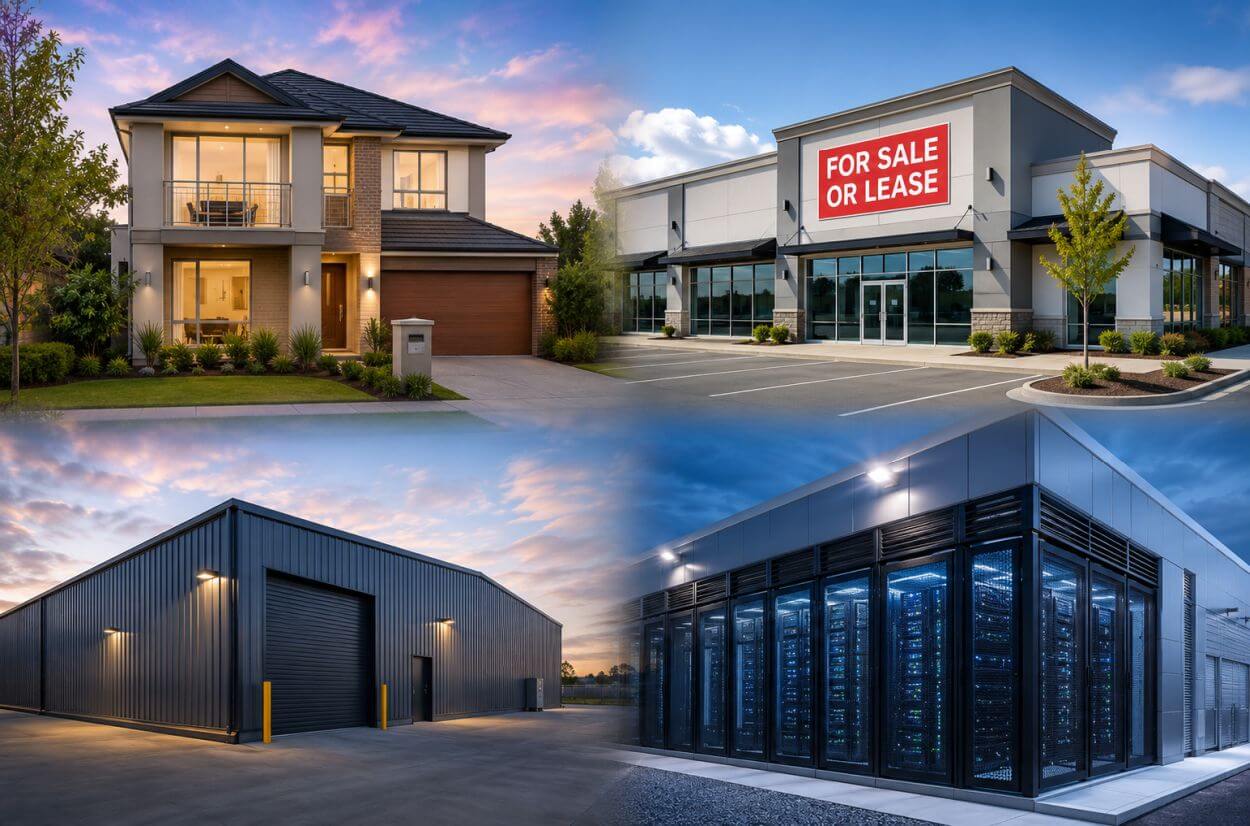 collage of a range of property types that would be considered when looking for direct investments in this asset class: they include a residence (for rental) – top left corner; retail (top right corner); a data centre (bottom right corner); and an industrial shed (bottom left corner).
