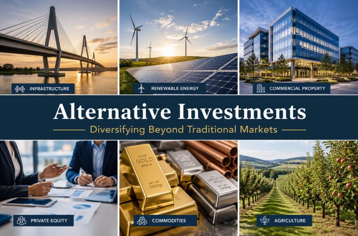 a collage of images of various infrastructure, buildings, forests, sustainable energy generation all representing alternative assets in which investors can reap benefits