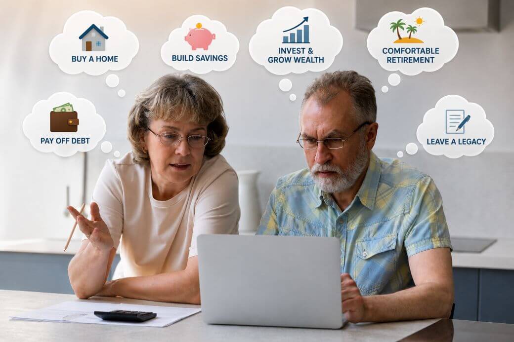 Middle-aged couple sitting at their laptop discussing and reviewing their financial goals and prioritising them into considered plan to discuss with their financial planner: image shows their goals as cloud shaped thoughts above their heads