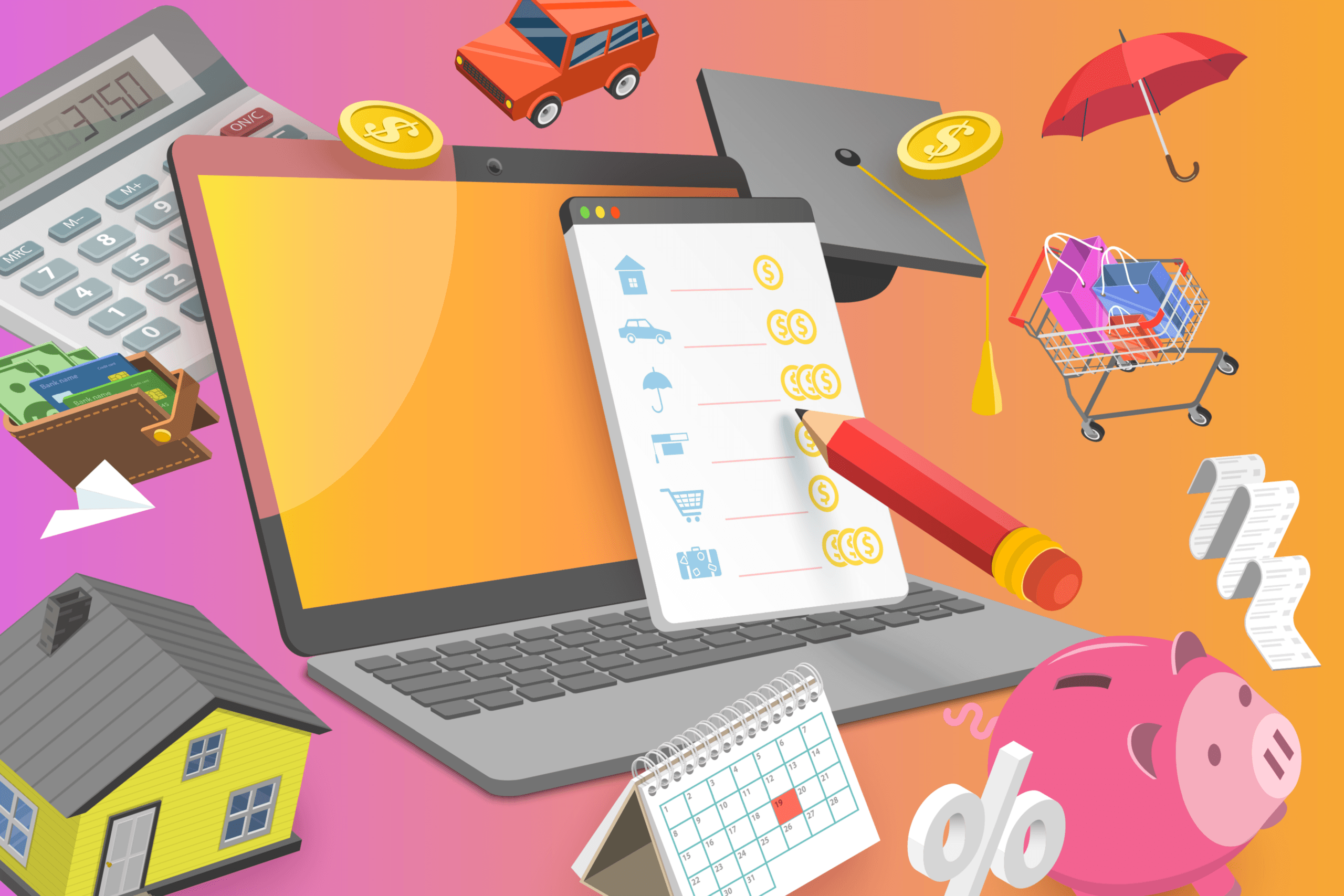 a collection of tools and items of focus for attending personal budgeting: against a phased transition of a background of pink through orange are representations of a computer, a calculator, a house, a car, a piggy bank, and a calendar and sundry other items