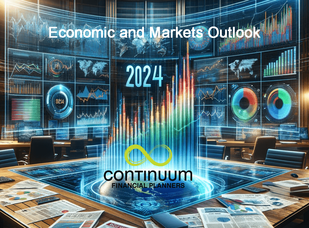 screens showing graphs and charts suggesting what the economic and markets outlook for 2024 might be