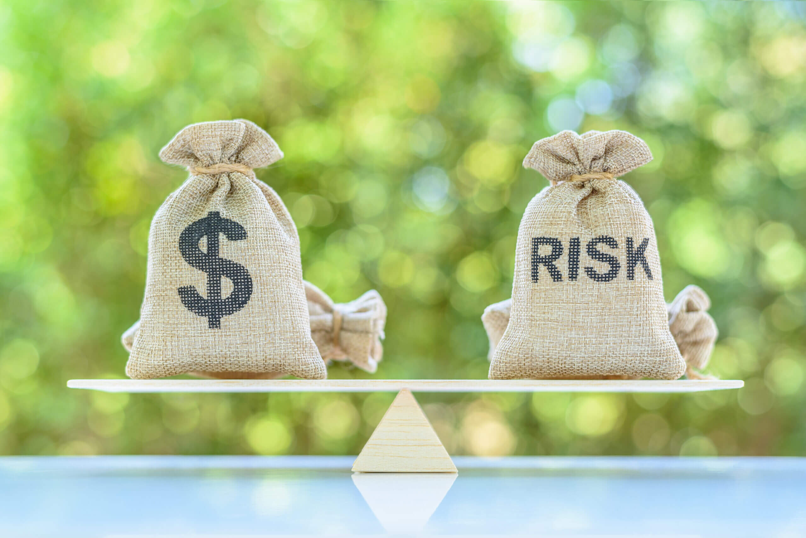 bags at either end of a plank balanced on a fulcrum: the bag on the left displays a dollar sign; that on the right bears the word 'RISK' indicating the decision between investment decisions in different risk scenarios and market outlooks updates