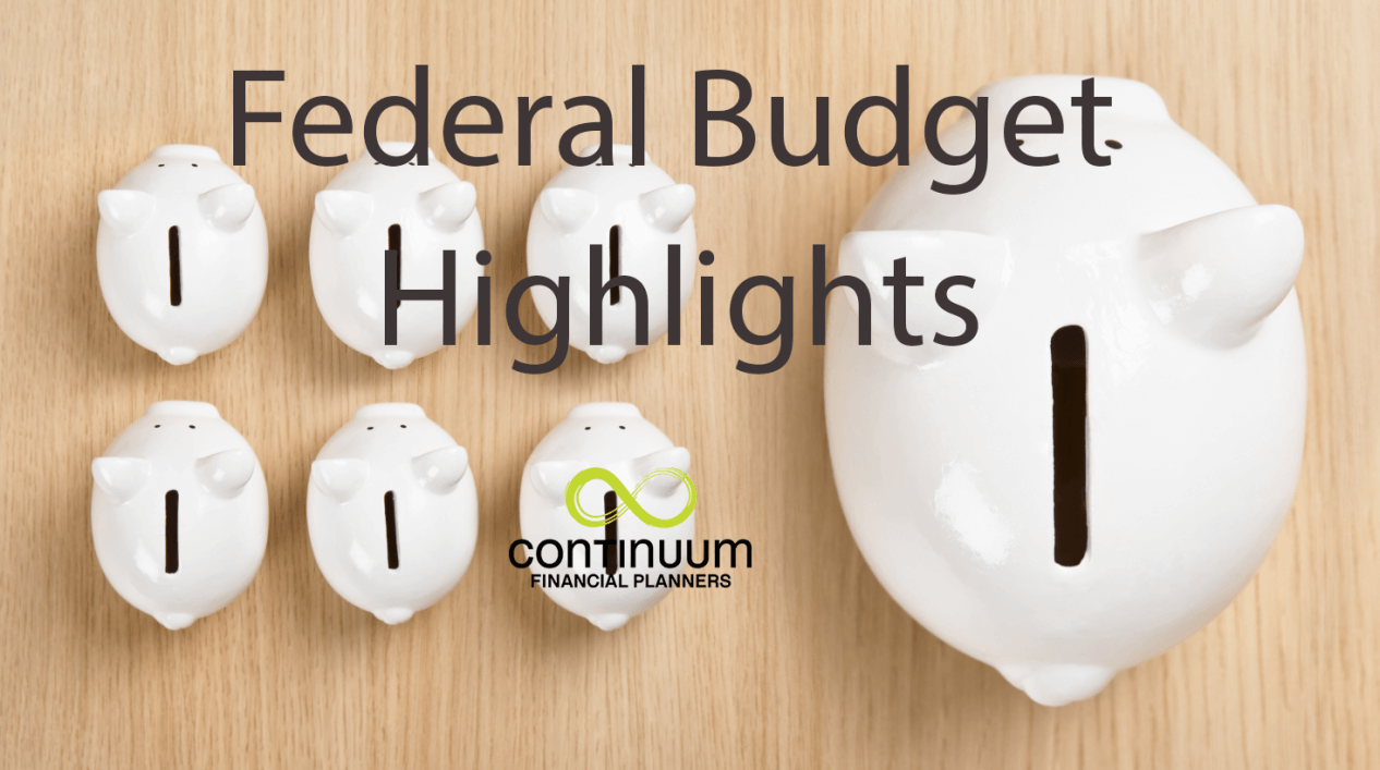 a graphic showing seven white piggy-banks on a woodgrain background overwritten with words Federal Budget Highlights and with Continuum Financial Planners logo