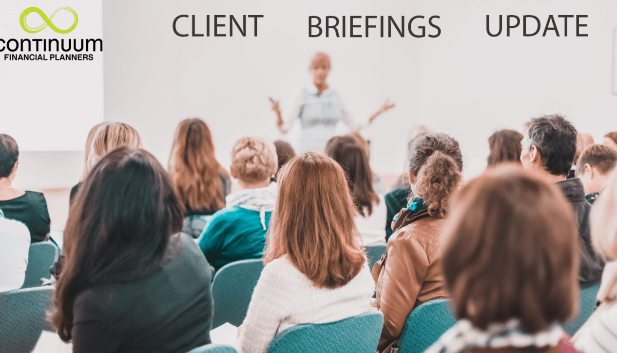 a group of attendees facing a speaker delivering a client briefing overwritten with the words Client Briefing Update and the Continuum Financial Planners logo: this is one of the ongoing services we deliver for clients of the firm