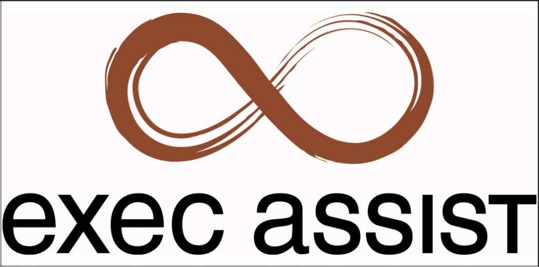 image of an infinity symbol in a brick coloured shading with the words exec assist beneath that as a logo