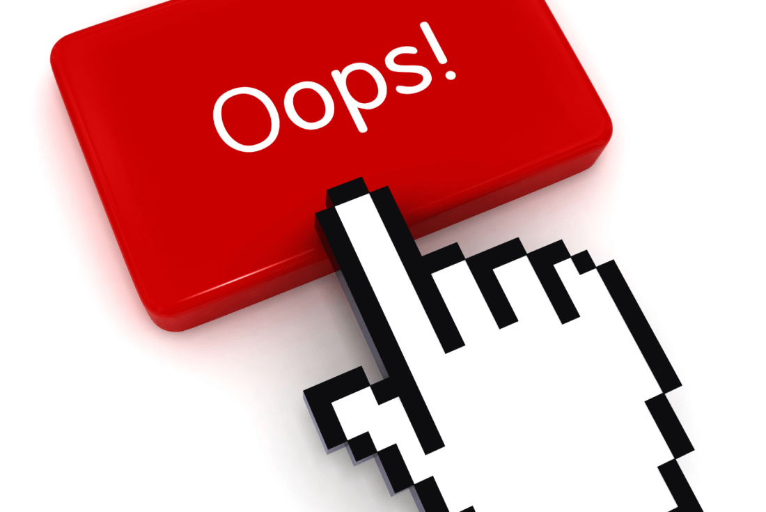 a red keyboard button with the word Oops! and a stylised hand with a finger pressing that button. Wording and hand are white. Indicates Super mistake in disinterest in superannuation