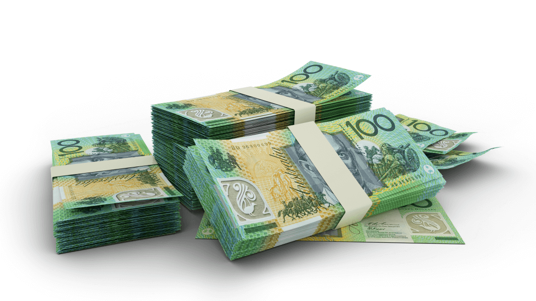 bundles of AUD100 notes representing the funding of buy-sell arrangement between partners/ entrepreneurs