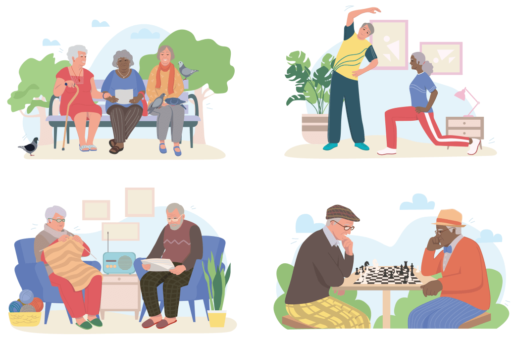 graphic showing four scenes of aged and retired people undertaking therapy and hobby exercises in their retirements third phase, the frail phase