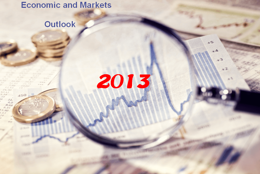 magnifying glass held over a table covered with charts and coins signifying an outlook on economic and market conditions for 2013