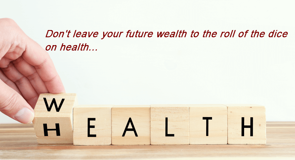 wooden blocks with letters spelling health or wealth depending on how the first block with H on one face and W on another, lands - suggesting personal risk protection to mitigate wealth impacts of future health threats